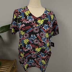 NWT Zoe Chloe Print Scrub Top XL Neon Blooms Fun On Black/ Gray Scrubs Vet Tech